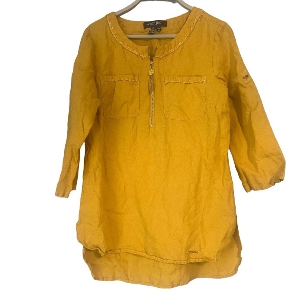 Ellen tracy linen blouse Mustard Yellow small vibrar spring breathable natural